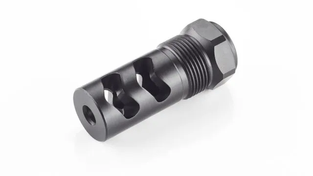 Wilson Combat Rapid-Thread Muzzle Brake, Flat Back, Whisper Suppressor.458 Caliber, Black, SP-RTMBFB-458 (product photo)